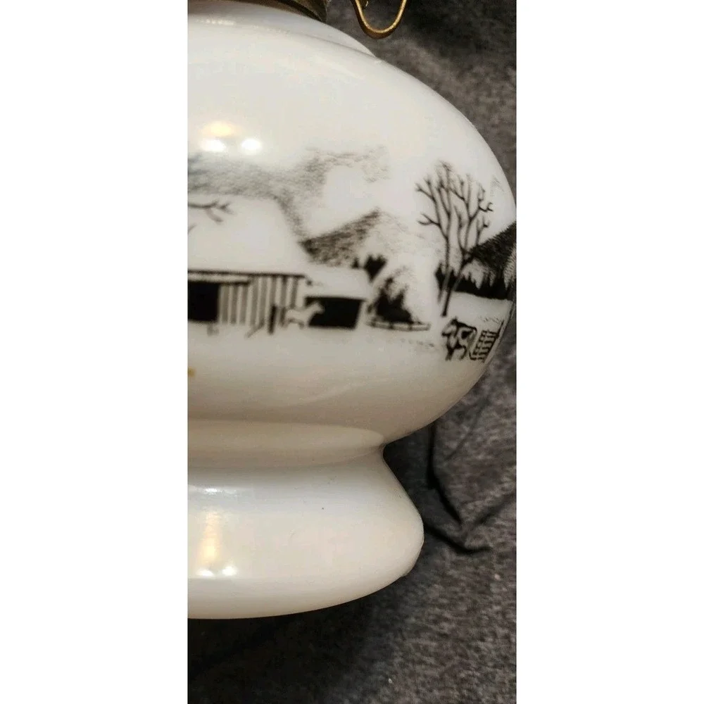 Vintage Currier & Ives Milk Glass Lantern Base Horses Farm Homestead  Rare